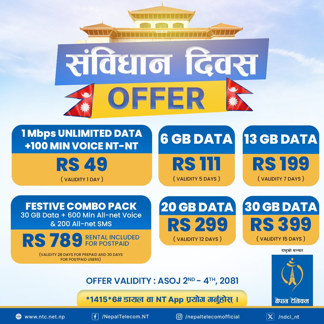 संविधान दिवसमा नेपाल टेलिकमले ल्यायो अफरै अफर